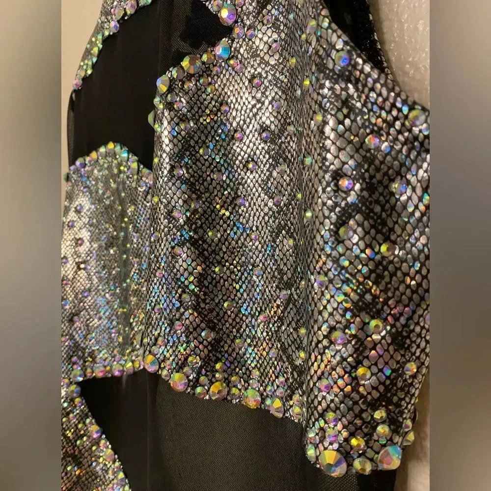 Glamour Silver Snakeskin Contemporary Dance Costume long Sleeve Rhinestone LC